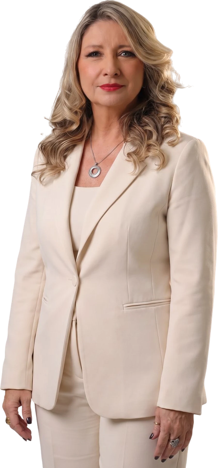 Carla Matos de pé, em terno claro